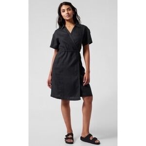 Athleta Playa Wrap‎ Dress Black 100% Linen Short Sleeve V-Neck Size 6